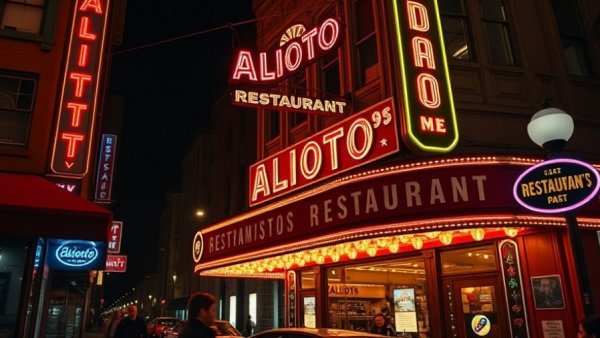 Alioto's restaurant at night in San Francisco.