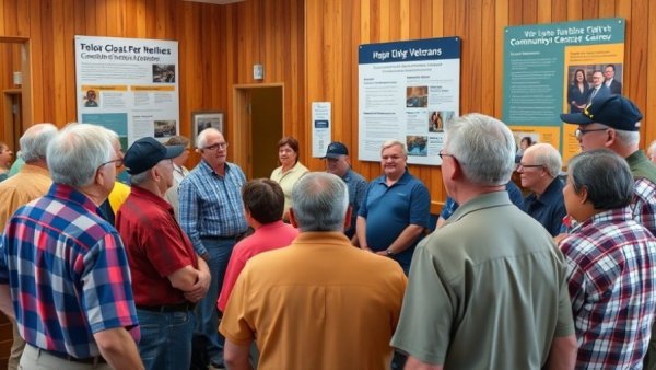 Veterans at a community center engage with a speaker, supportive environment.