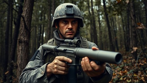 Military action scene with a soldier holding ammunition in a forest.