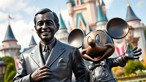 Walt Disney and Mickey Mouse statue in front of Disneyland castle.