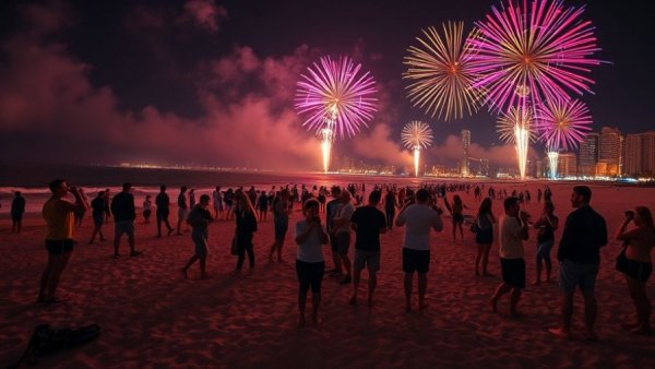 Russian tourists in Southern China enjoying fireworks on a beach at night