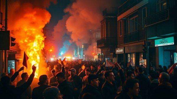 Iran currency protests at night with fires and crowds.