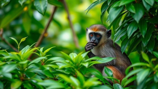 Curious vervet monkey amid green foliage in St. Louis.