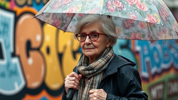 Elderly woman in San Francisco holding a floral umbrella on a rainy day.