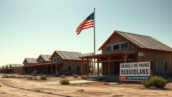 Rebuilding site with American flag and signs, polluters pay climate superfund California theme.