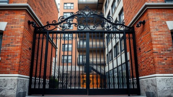 San Francisco local news: Artistic metal gate at urban apartment entrance.