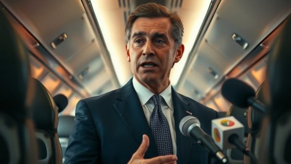 Prominent figure discussing Venezuelan oil strategy with reporters on airplane.