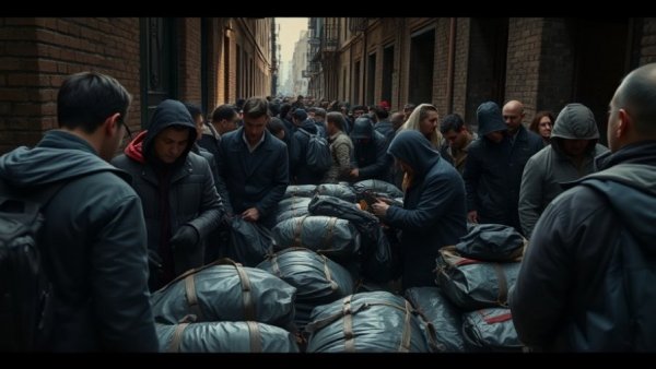 Scene depicting a brutal crackdown in Iran, individuals inspecting body bags.
