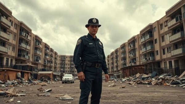 Myanmar cyber scams: Urban scene with officer in industrial complex.