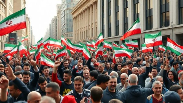 Iran protest with flags, focusing on protest death toll, urban setting.