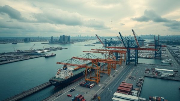 Aerial view of Howard Terminal with cranes and cityscape.