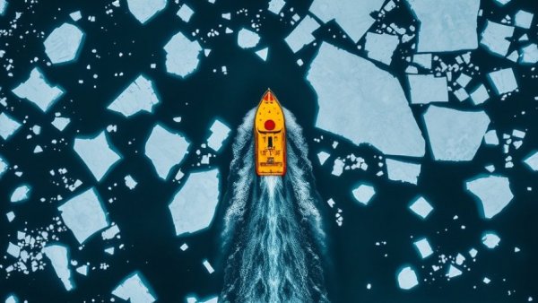 Yellow boat navigating through fragmented ice in Greenland, highlighting ice melt impact.