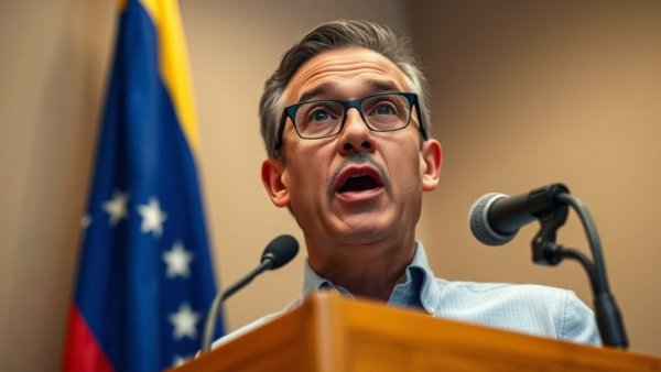 Venezuelan envoy speaking at a podium with a flag backdrop.