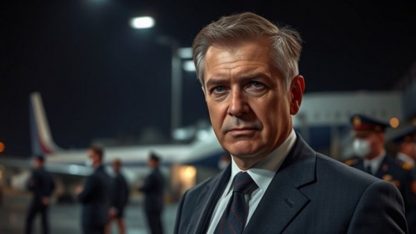 Middle-aged man at night airport, associated with Canada China Tariffs.