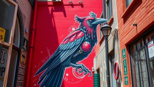 Vivid mural in San Francisco alleyway, featuring crow and mechanical art.