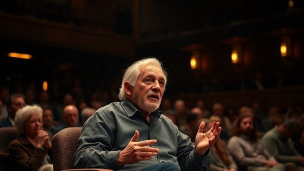 Elderly man speaking on stage at Formerly Incarcerated Artists Festival