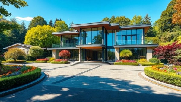 Atherton mansion sale: Modern facade amidst vibrant greenery.