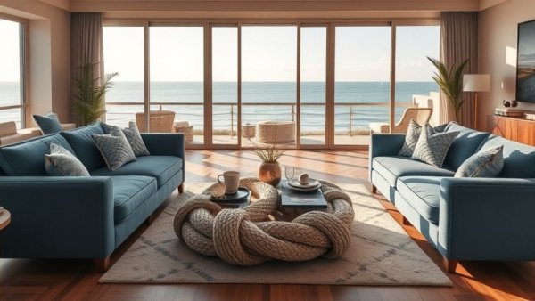 Elegant boutique hotel lounge with sea view and modern decor.