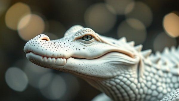 Profile of albino alligator highlighting 'Claude the Alligator Way'.