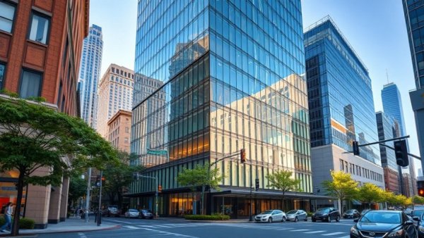 San Francisco commercial real estate building with modern glass architecture.