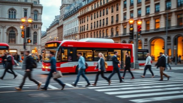 Urban scene with city bus and pedestrians on Martin Luther King Jr. Day