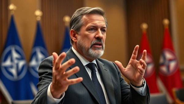 Mature male figure speaking at NATO conference, U.S. takeover of Greenland.