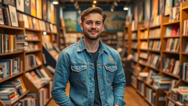 Casual man in bookstore, San Francisco local news feature.