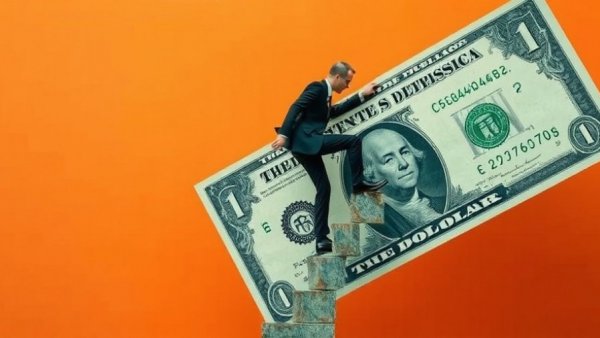 Surreal image of businessman on dollar bill symbolizing tax issues.