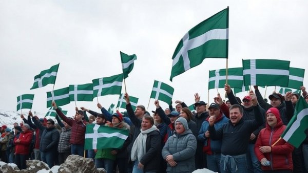 Crowd waving Greenland flags in snowy setting showing unity during Trump Greenland Trade War.