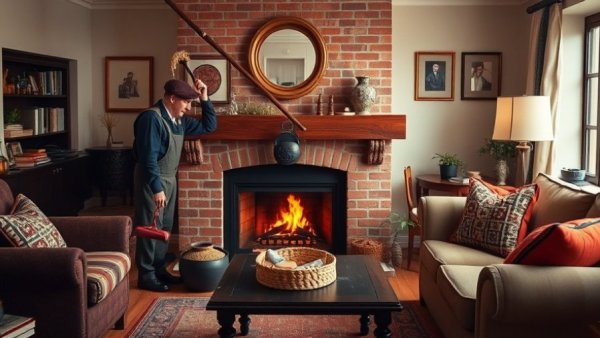Chimney sweeps working in a UK living room for Chimney Sweeps Comeback.