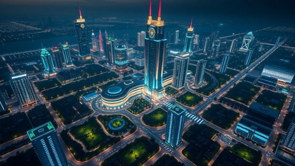 Futuristic high-rise complex in Dubai cityscape at night.