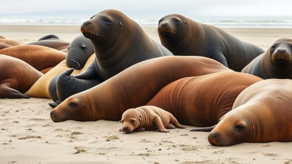 Elephant seals at Año Nuevo State Park resting on sandy beach.
