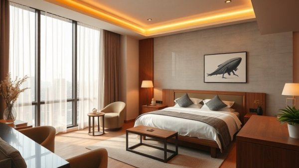 Modern hotel room with elegant decor and soft lighting.