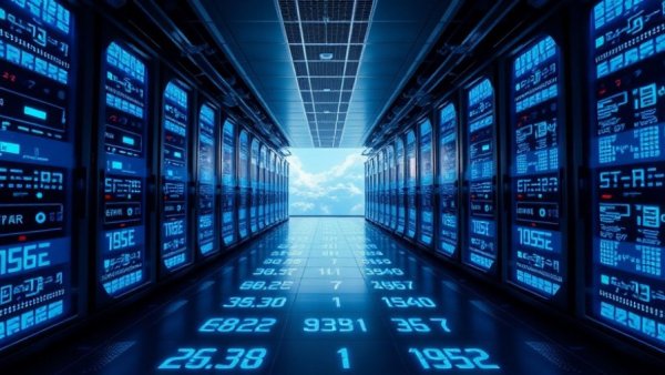 Futuristic data center with clouds, symbolizing community impact.