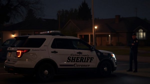 Oakland Stabbing: Sheriff's vehicle and officer at night scene.