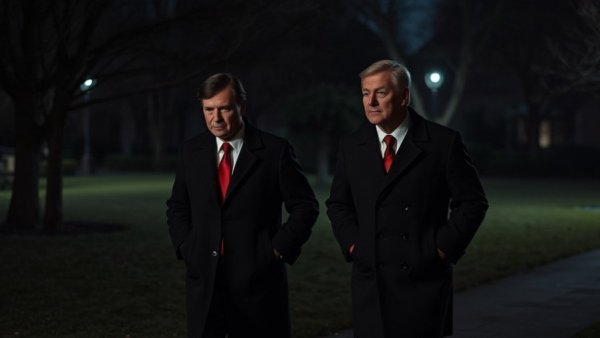 Nighttime scene of two people walking in a park, Trump mocks European leaders in Davos.