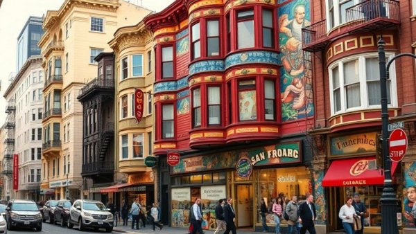 Colorful SF street corner with Victorian buildings and murals, SF News Trump Protests