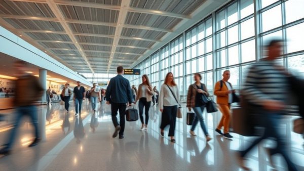 Bustling terminal at San Francisco Airport with blurred travelers.