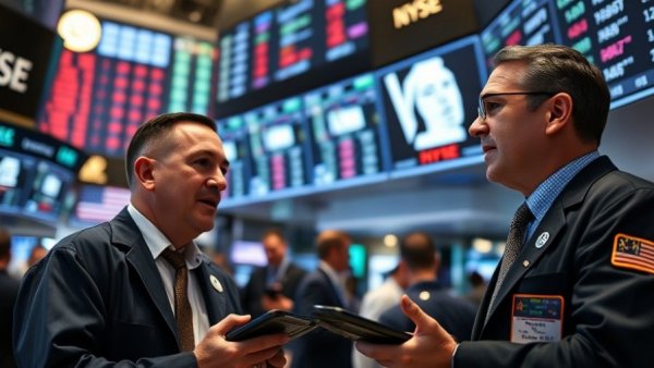 Traders discussing on stock exchange floor amid tariff threats