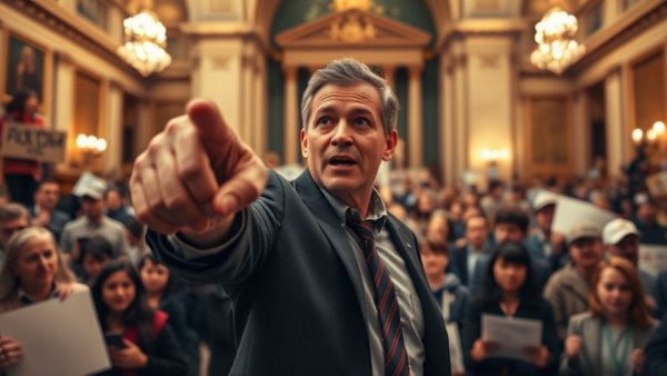 Alejandro Murguía documentary: Speaker at city hall protest with crowd.