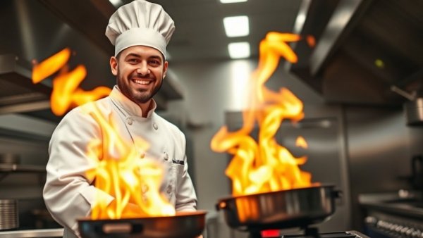 Chef in modern kitchen cooking with fiery pan at Bay Area James Beard Awards.