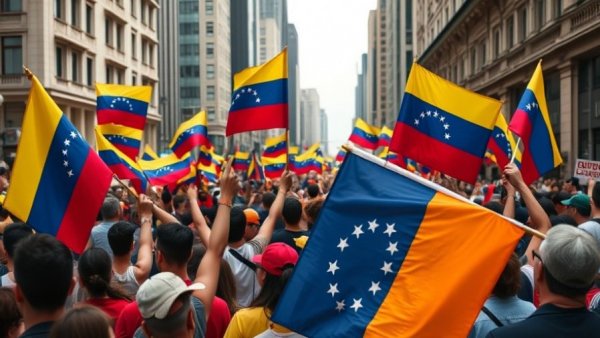 Crowd waving Venezuelan flags expressing support, U.S. intervention in Venezuela.
