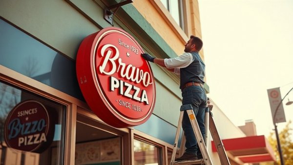 Worker adjusts Bravo Pizza sign on sunny day, San Francisco local news