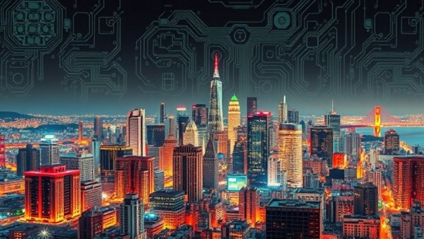 Futuristic San Francisco skyline blending with a circuit board, symbolizing AI boom.