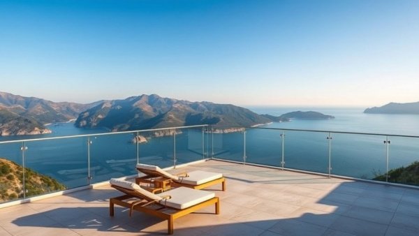 Luxury boutique hotel terrace with stunning mountain and sea view.