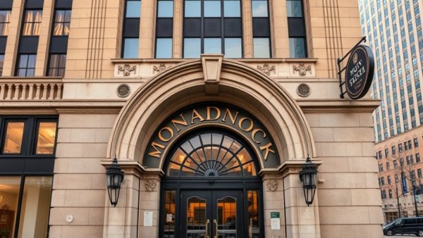 Historic Monadnock Building facade in San Francisco, arched entrance.