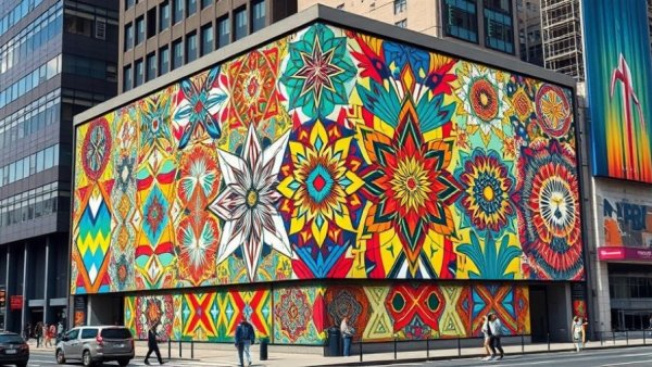 SF News vibrant abstract art mural on building wall.