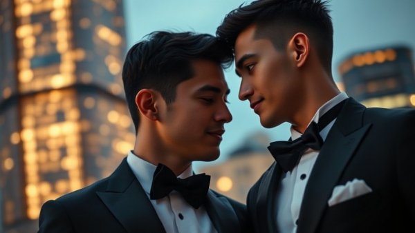 Hudson Williams and Connor Storrie in a tender moment, city skyline backdrop.