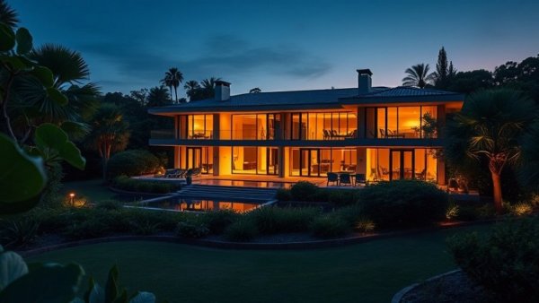 Modern luxury villa rental amidst scenic greenery at dusk