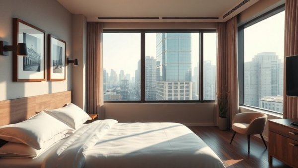 Modern boutique hotel room, cozy ambiance with city view.